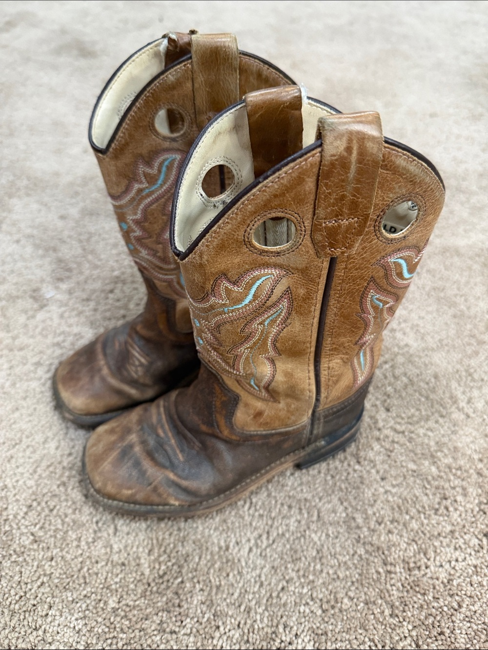 Old West Brown Kids Western Boots with Turquoise & Pink Stitching